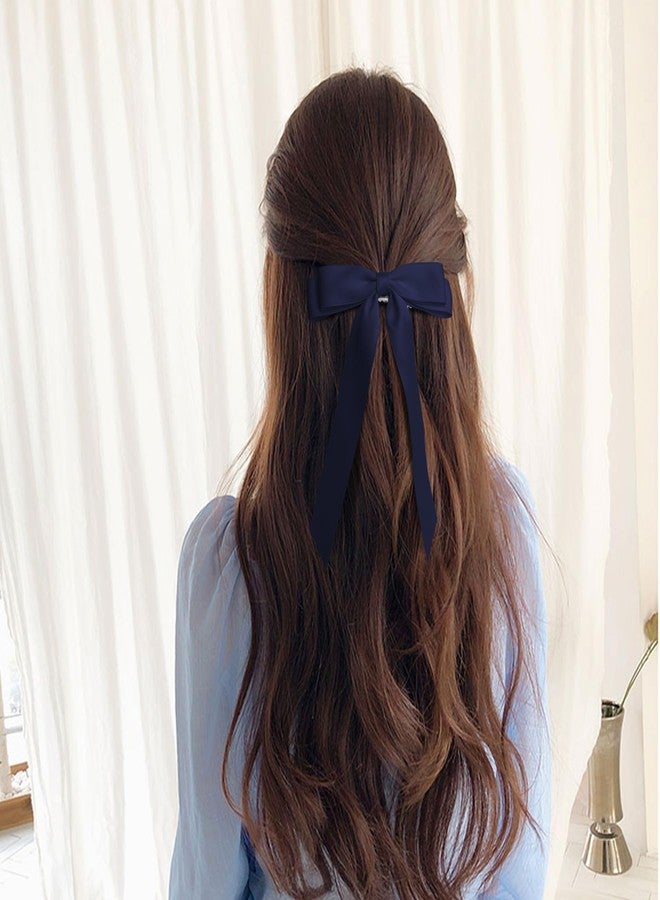 TULOBI 2PCS Navy Blue Hair Bows Solid Satin Polyester Ribbon Bow Hair Clips Ponytail Big French Hair Barrettes with Long Tail Wedding Dress Decor Hair Accessories for Women Toddler Teen Girls - Image 3